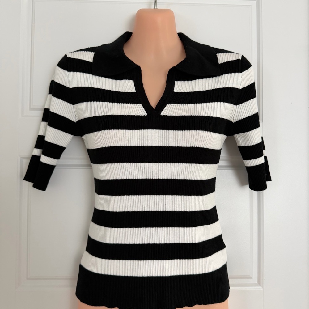 Black & White Striped Ribbed Polo Top